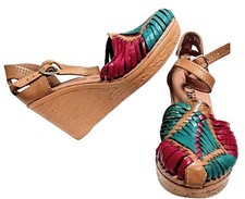 Vtg D'Yessica Piel Leather Faux Cork Wedge Huaraches Sandals Shoes Womens Sz 8M