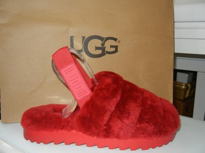 NEW UGG SUPER FLUFF RIBBON RED SHEEPSKIN SLIDE SLINGBACK SLIPPER SANDALS SIZE 9