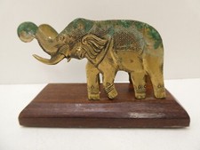 VINTAGE BRASS ELEPHANTS STATUE FIGURINE LETTER RACK DESK STAND TIMBER BASE