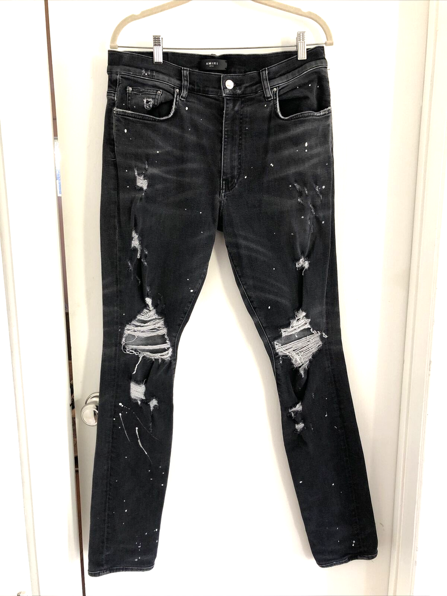 AMIRI Hommes Gris Foncé Délavé Éclaboussure Encre Jean Taille 36