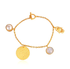 Authentic Multi Charm Bracelet Gold Plated Coin Hamsa Hand Pearl Moonstone Chain Bracelet