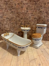 Dolls House 1/12 Scale Miniature Porcelain Rare Reutter Blue Bathroom Suite