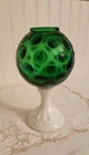Vintage Fenton Emerald Green Coin Dot Optic Ivy Ball Vase On Milk Glass Pedestal