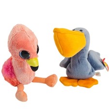 Collectable TY Beanie Boos Gilda Pink Flamingo Scoop the Grey Pelican New Pair