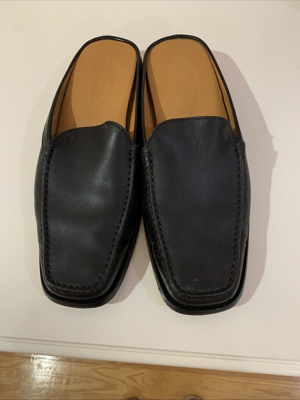 TOD'S  BLACK LEATHER MENS OPEN BACK ON THE GO LOAFERS  SANDALS ITALY  SLIP ON 8