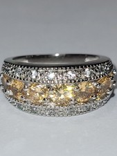 925 Sterling Silver Rhodium Plated Ring Yellow Imitation Citrine Topaz Band Sz 6