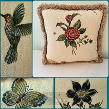 Vtg Jacquard Rose Hummingbird Flower ONE Throw Pillow REVERSIBLE 18 Ivory