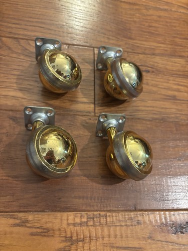 Set of 4 Vintage Brass / Bronze Ball Casters - Swivel Wheels w/ Square Plate Top