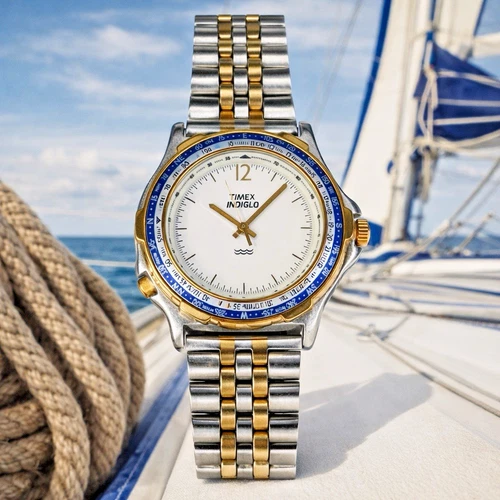 Timex Indiglo Quartz World Time Watch 38mm Two-Tone NOT TESTED Vintage