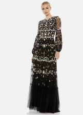 Mac Duggal Black Embroidered Floral High Neck Illusion Sleeve Tiered Gown 10 EUC