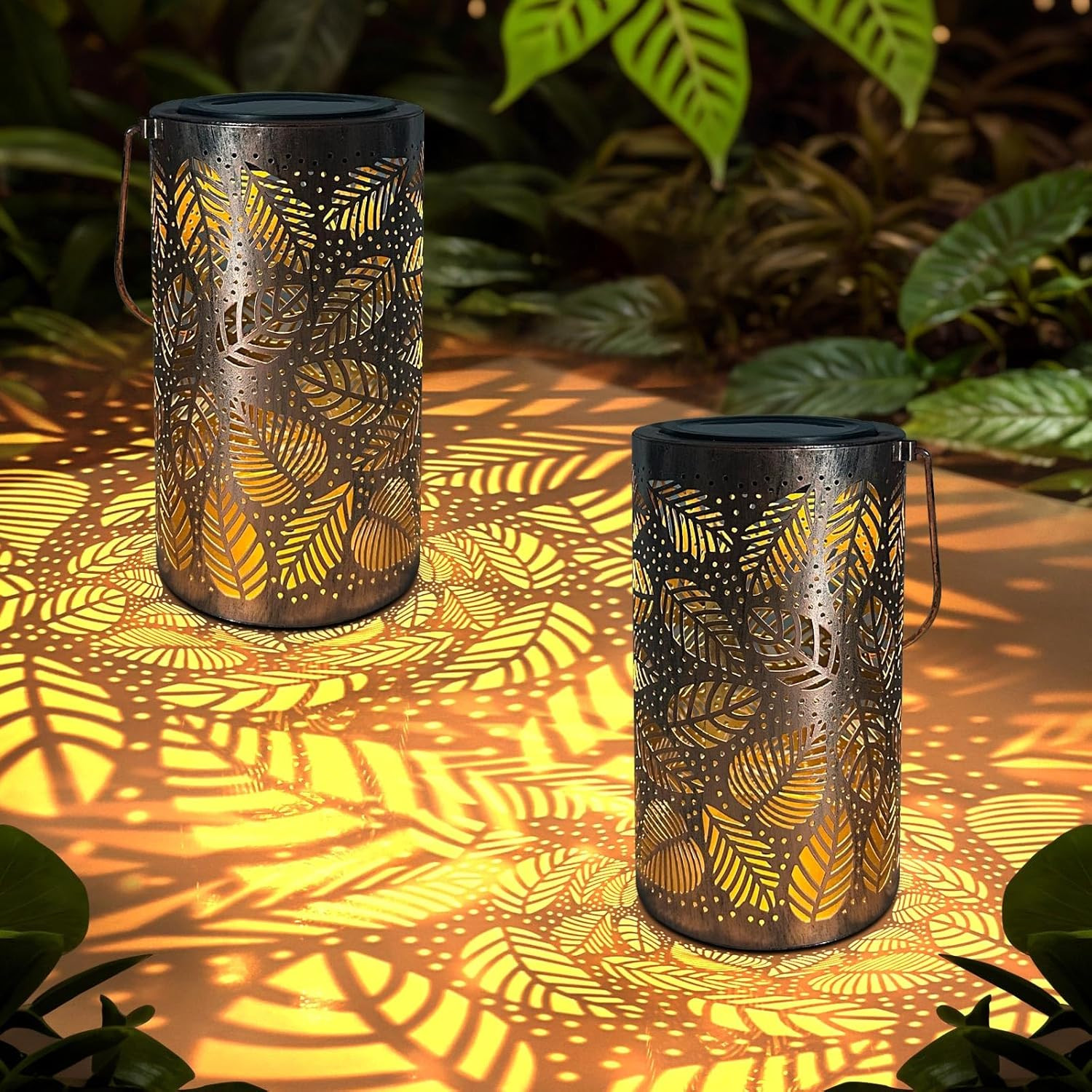 2 Lanterne Solari a Foglia: Luce Calda e Design Vintage per Esterni