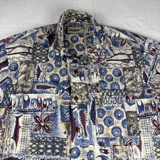 Vintage Straight Down Hawaiian Shirt Mens Medium Blue Button Up USA Made Fish **