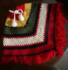 Handmade Vintage Crochet Poncho with Multicolor Stripes