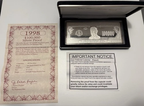 4 Troy .999 Ounces Silver 1998  $100,000 WILSON SILVER PROOF BAR WASHINGTON MINT
