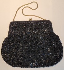 VTG 1950s 1960s Black Beaded Sequin Evening Bag Clutch Handmade Hong Kong Floral