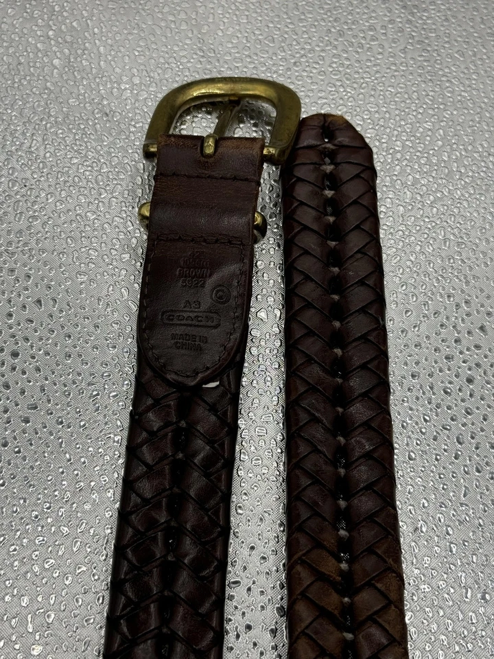 Coach Leather Belt Mens 42 Dark Brown Woven Braided Solid Brass Buckle 5922 - Image 2 of 4