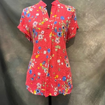 W5 Womens Coral Floral Short Sleeve Mandarin Collar Tunic Shirt Top Size Medium