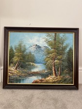 Dipinto olio originale tela montagna lago paesaggio arte firmato R.Hanson