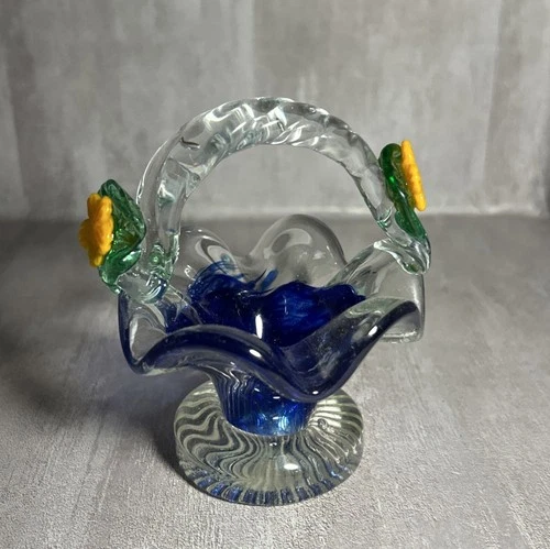 Vintage Murano Hand Blown Italian Cobalt Blue Handle Basket Flowers Art Glass 1J