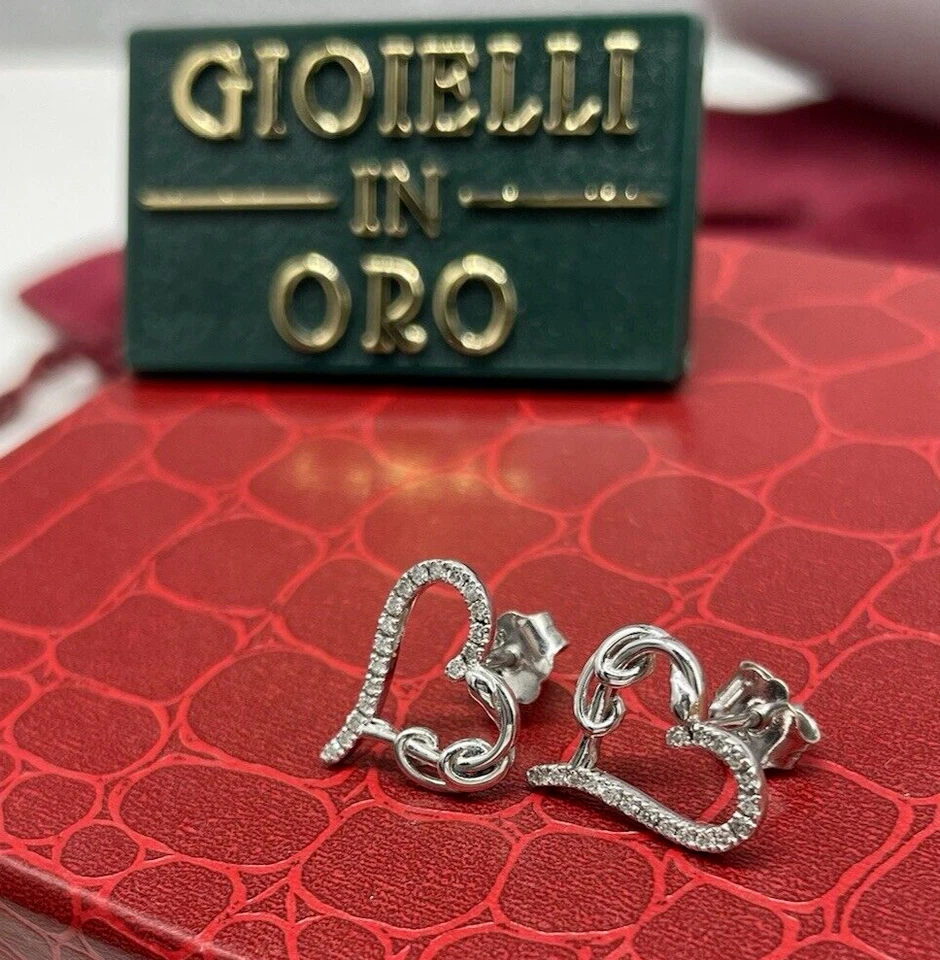 ORECCHINI BOTTONI CUORE ORO BIANCO 18KT CARATI NUOVO E PUNTILUCE BRILLANTI DONNA - Immagine 2 di 4