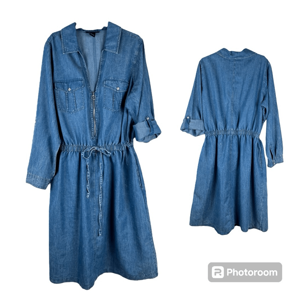 Ashley Stewart Denim Distressed Babydoll Zip V-neck Drawstring Dress 18/20  | eBay