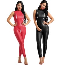 Womens Leather Zip Bust Crotch Leotard Bodysuit Jumpsuit Catsuit Clubwear Romper