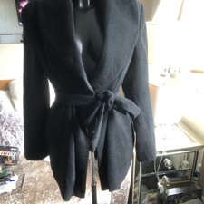 Linea Black Scroll Neck Belted Pocket Wool Jacket Size 16