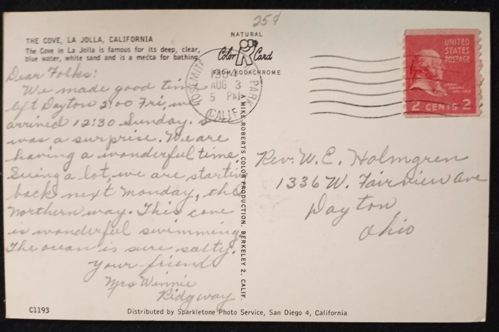 Cove La Jolla Beach Scene Bathers Swimmer California CA Posted 1954 Postcard