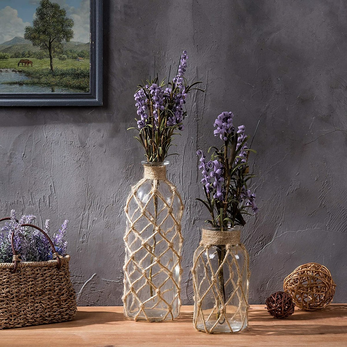 Coastal Style Decorative Glass Bottles / Flower Vases w/ Rope