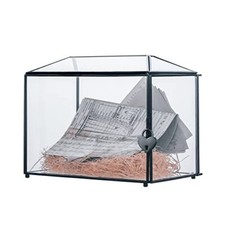 Wedding Glass Cards Box with Slot and Lock - 10.2x5.9x7.9 Inch - Black Geomet...