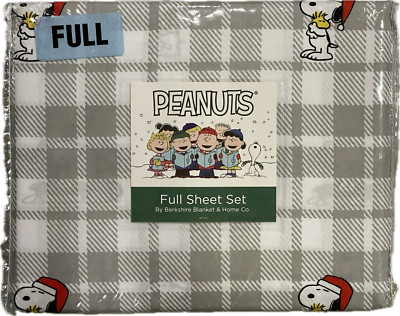 Berkshire Peanuts Snoopy Gang Grey Plaid Winter Scene Full Size Sheet Set