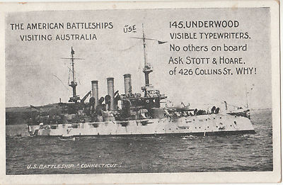 Postcard advertising Underwood typewriters showing USA battleship, Stott & Hoare