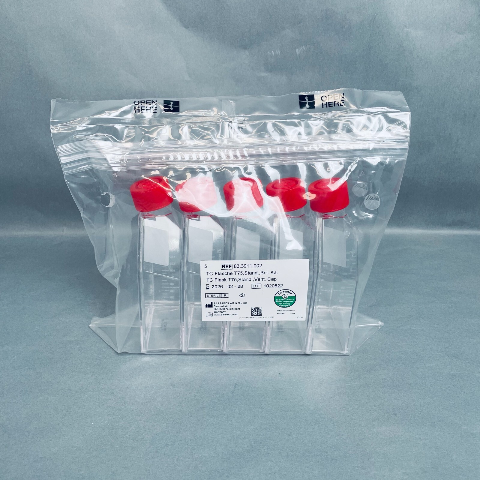 Pack of 5 Sarstedt 83.3911.002 T75 Tissue Culture Flask Canted Neck Red