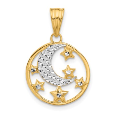 Anhänger 14 Karat Gelbgold und weißes Rhodium Diamantschliff Mond und Sterne