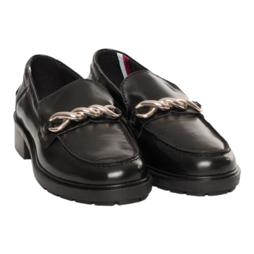 TOMMY HILFIGER MOCASSIN TWIST femmes mocassins en cuir chaussures basses noir NEUF ! - Photo 1 sur 3