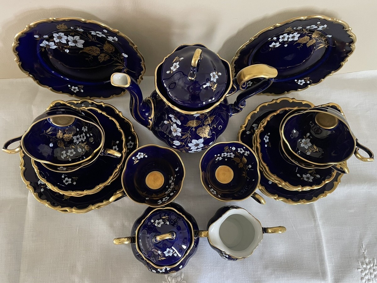 21pcs LINDNER KUEPS BAVARIA ECHT Cobalt &Gold Teapot Cups Saucer