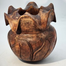 Vintage Handcarved Wood Vase Rustic Art Primitive 7  x7" Heavy One of a Kind OOAK