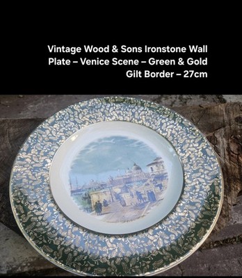 Vintage Wood & Sons Ironstone Wall Plate   Venice Scene, Gilt Rim, Alpine White 