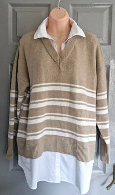 Ladies PAPAYA Jumper Medium Beige Stripe Fake Shirt Size 12-14 UK MATALAN VGC