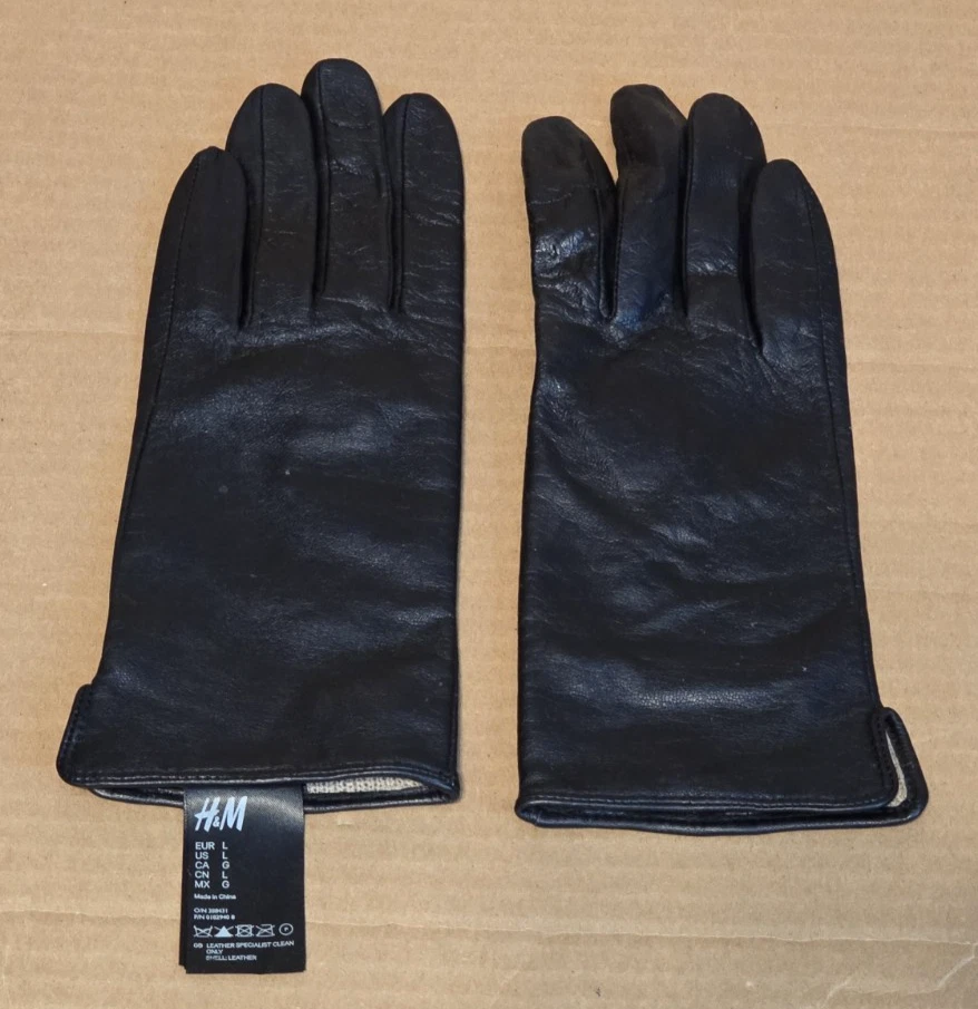 H&M Genuine Leather Womens Gloves Size Large Black Winter Warm Thermal Ladies
