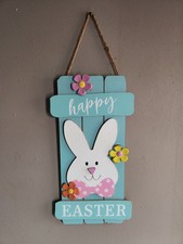 Happy Easter Wooden Wall Hanging Decor with Bunny  Metal Flowers 18" 9 "