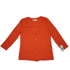 Fever Women's Ribbed Button-Down 3/4 Sleeve Knit Top Tomato Large