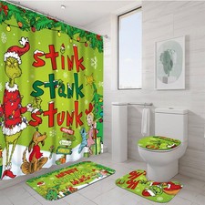 Christmas Santa Grinch Cindy Max Shower Curtain Toilet Lid Cover U Shape Mat 4Pc