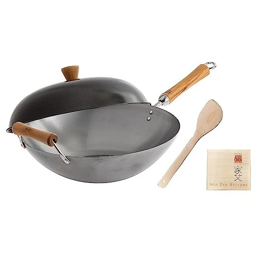Joyce Chen , Classic Series Carbon Steel Wok Set, 4-Piece, 14-Inch, Charcoal