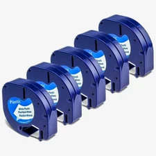 5PK Dymo Letratag Refill 91331 White Plastic 12mm Label Tape 1/2" LT-100H