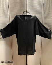 HLT453 Black Large NWT Match Point Linen Shirt Blouse Roll Tab Sleeve NEW Top