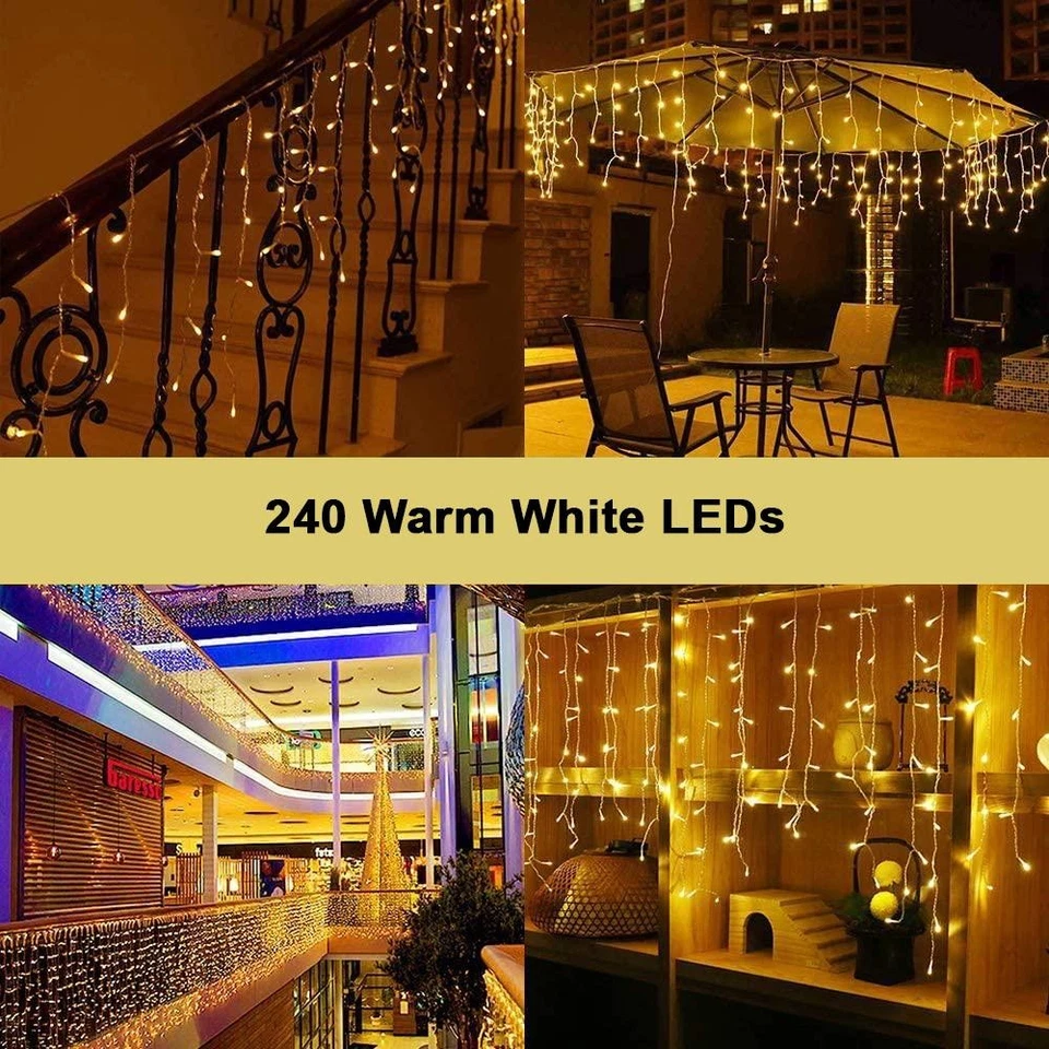 Christmas Lights 240 LED Icicle Waterfall Snowing Chaser Outdoor Xmas Home Decor - Image 2 of 4