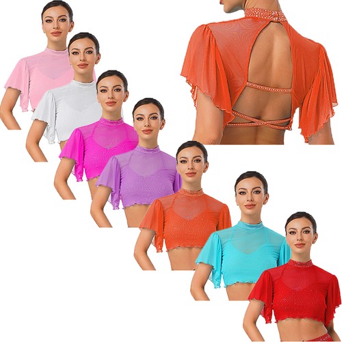 Womens Crop Top Pole Tops Short Sleeve Shirt Daily Wear Dance Sheer Cardigan - Picture 2 of 96