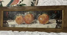 1960s Orange Acrylic oil painting framed Artist Signed Art Joe DeThomas 8x20”