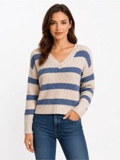Wild Fable Blue Cream Striped Chunky Knit V Neck Sweater Womens L
